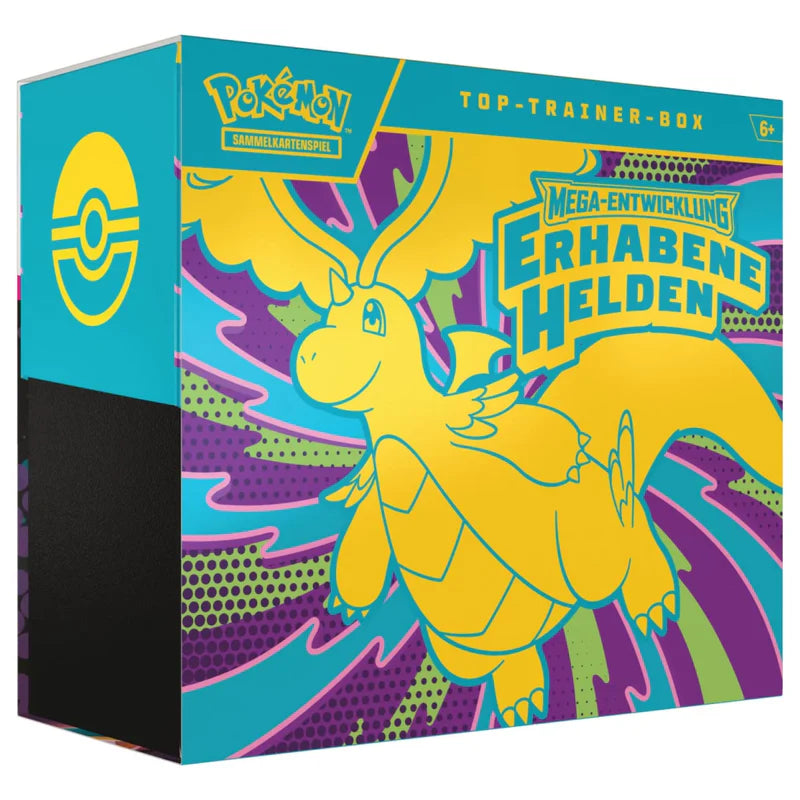 Pokémon-Sammelkartenspiel: Top-Trainer-Box Mega-Entwicklung – Erhabene Helden (1 Vollbild-Promokarte, 9 Boosterpacks &amp; Premium-Zubehör)